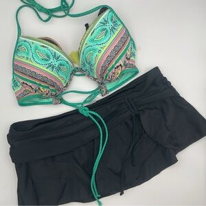 Bikini Top 36B M L Swim Skirt Black Bottoms Teal Aztec Adjustable 2 Pc Swimsuit